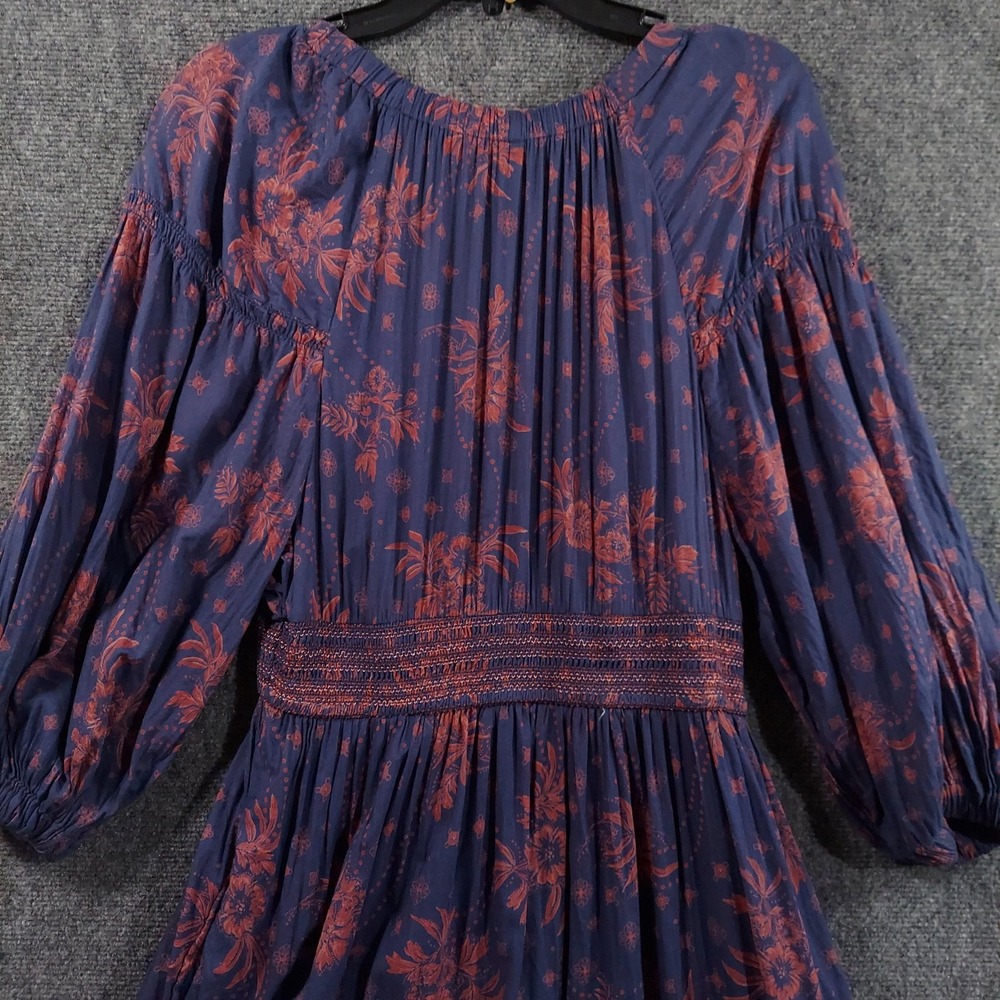 Free People Dress Womens Large Blue Floral Maxi Long Sleeve Boho Peasant Pockets - Picture 6 of 14